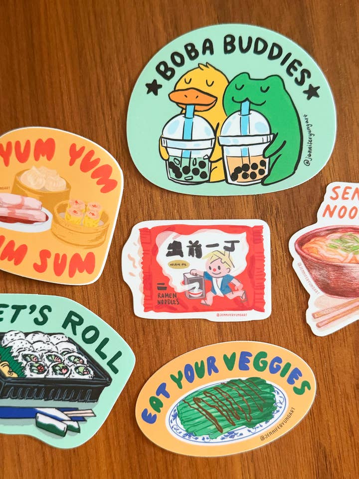 AAPI Madelskere Klistermærkesæt: Dim Sum, Ramen, Boba for engroshandel hos Jennifer Yung Art