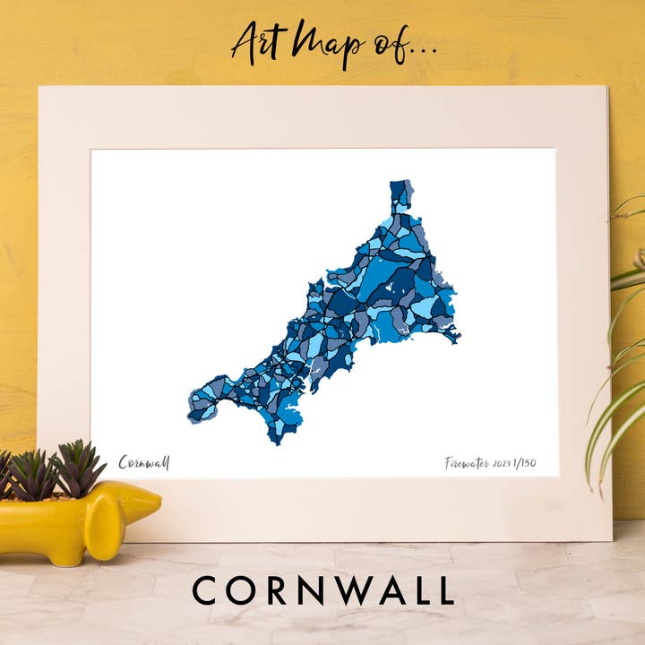 MAPPA D'ARTE DELLA CONTEA DELLA CORNOVAGLIA NEL REGNO UNITO - DISEGNATA A MANO E IN EDIZIONE LIMITATA per la vendita all'ingrosso da parte di Firewater Gallery