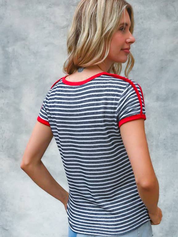 NAVY WHITE PLUS RINGER PIPED TRIM SHORT SLEEVE KNIT TOP for wholesale on Faire