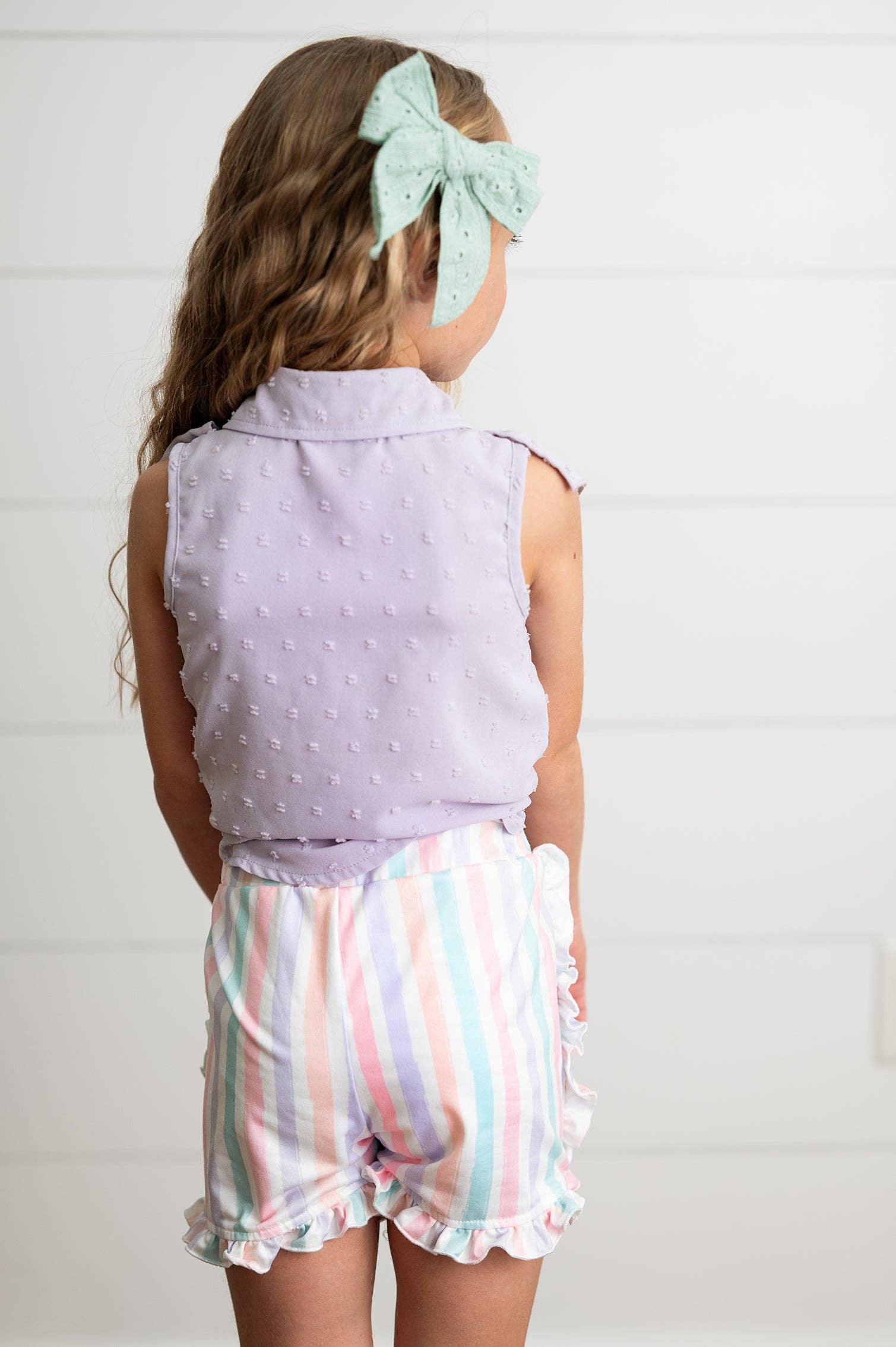 Wren & James - Wholesale Top & Short Set - Kids - Kids Lavender Ruffle Top & Pastel Stripe Spring Short Set5