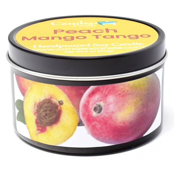 Peach Mango Tango, 6oz Soy Candle Tin for wholesale by Candeo Candle