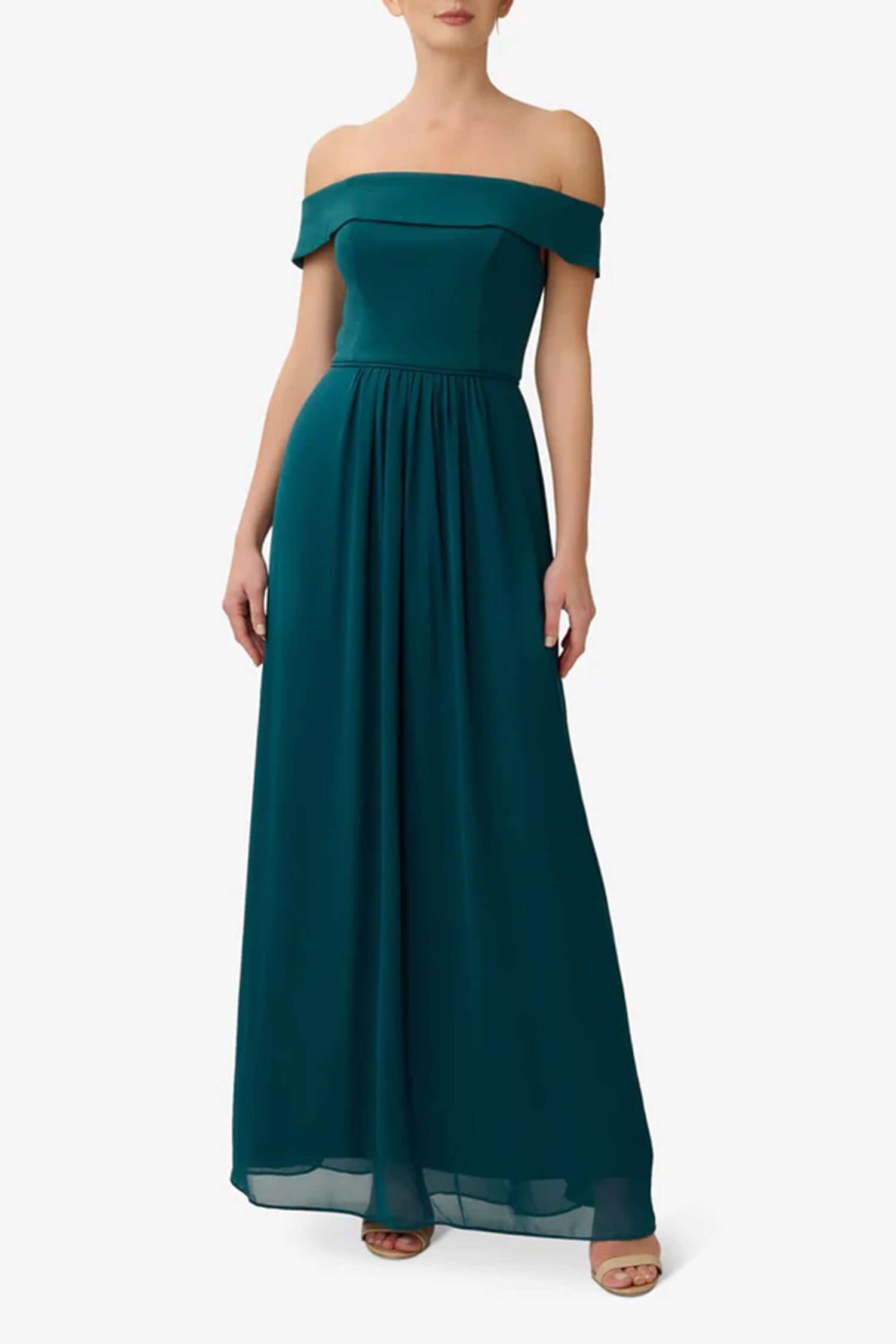 Immediate Apparel - Wholesale Gown - Women's - Adrianna Papell Off Shoulder Zipper Back Ruched Piping Detail Crepe Chiffon Gown1