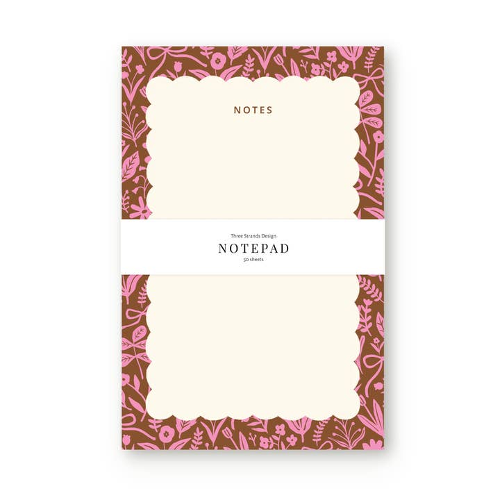 Brown & Pink Floral Notepad - Scalloped Border Desk Pad for wholesale by Three Strands Design