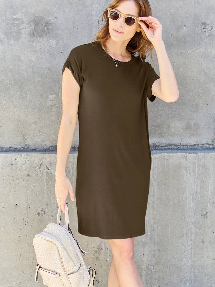 Basic Bae Full Size Round Neck Short Sleeve Dress with Pockets for wholesale by Garden Naked