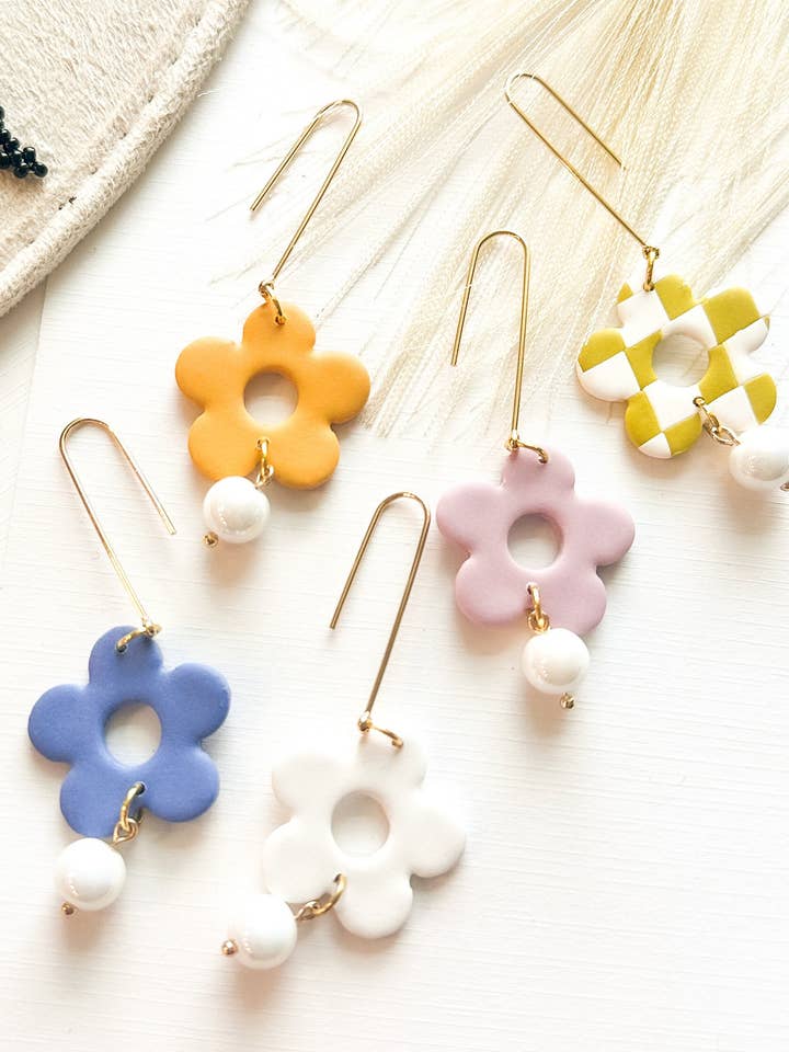 Daisy Dangles: Polymer Clay Flower Earrings for wholesale by Freckled Wing Design