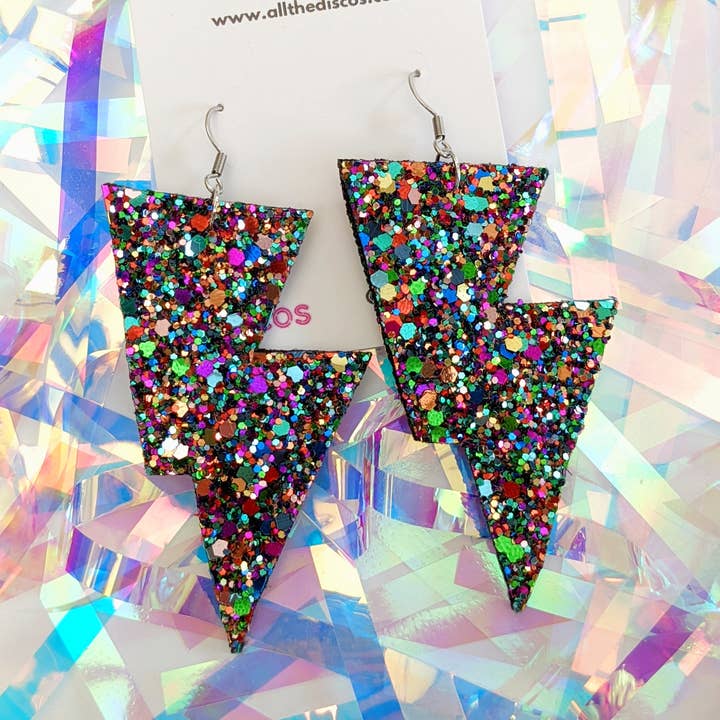 All The Discos – wholesale Dangle earrings – Medium Deep Purple Glitter Lightning Bolt Earrings0