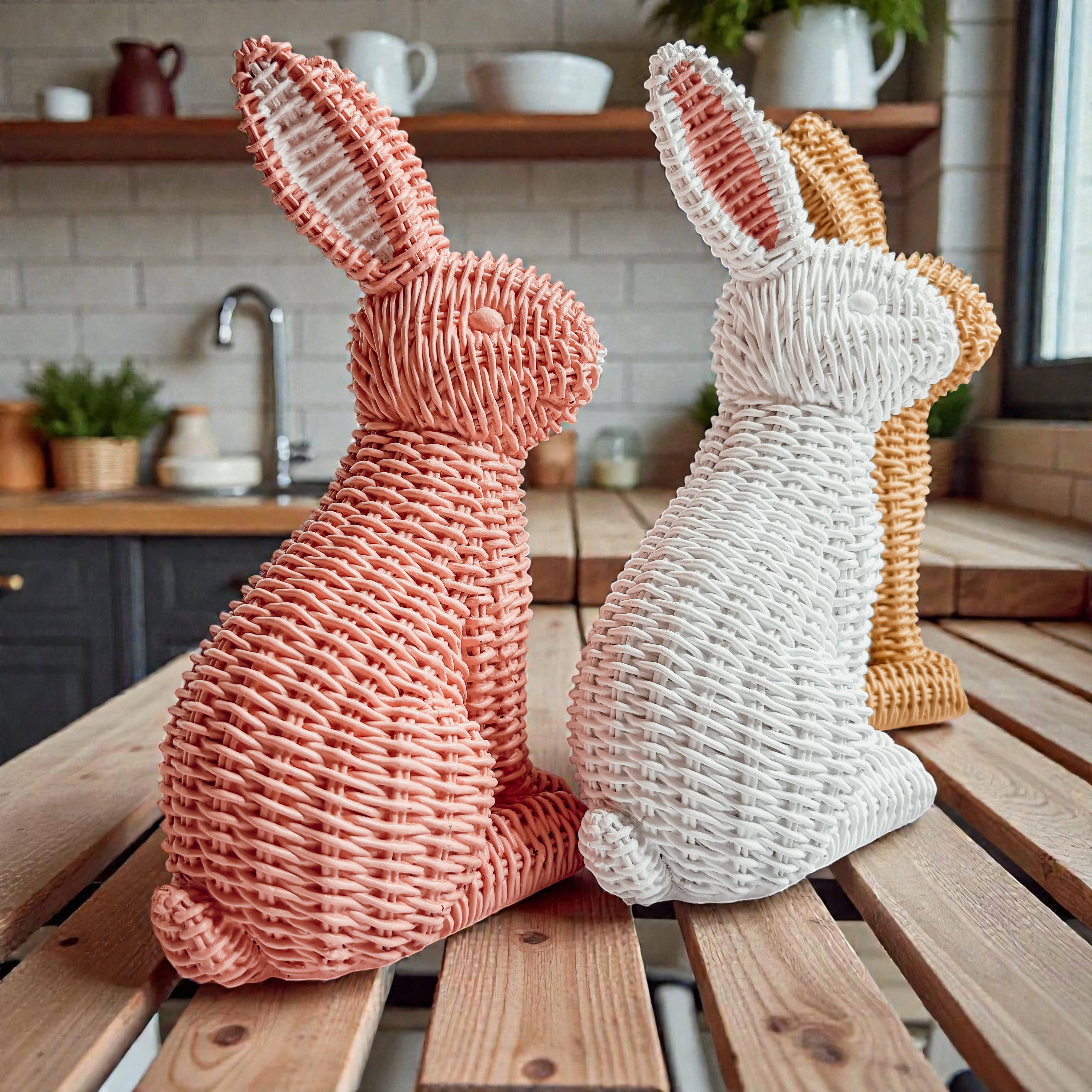 Gia Roma - Wholesale Sculpture - Easter Farmhouse Home Decor, Resin Bunny Figurine Rattan 16