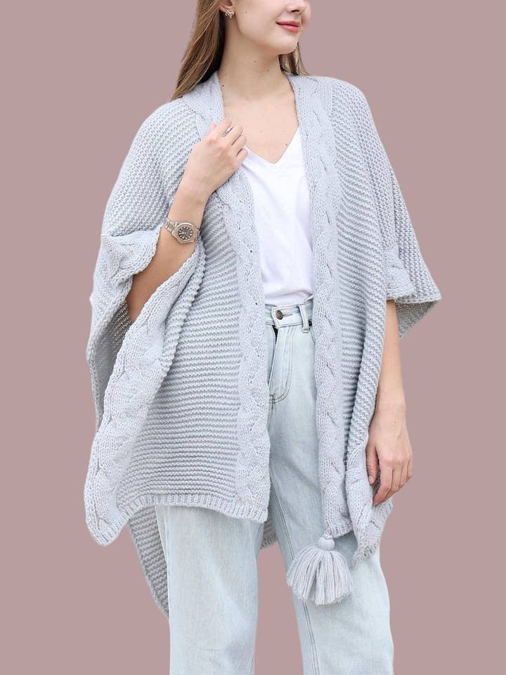 JC063328 3 Colors-One Tassel Braided Cable Trim Ruana for wholesale by JC Sunny Fashion