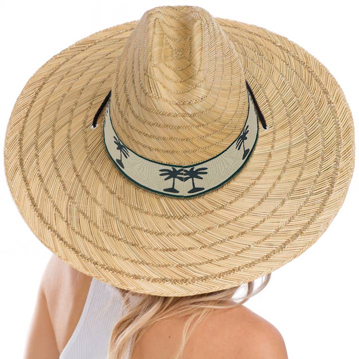 Cap Zone - Wholesale Straw Hat - Women's - Palm Tree Band Wide Rush Straw Lifeguard Hat