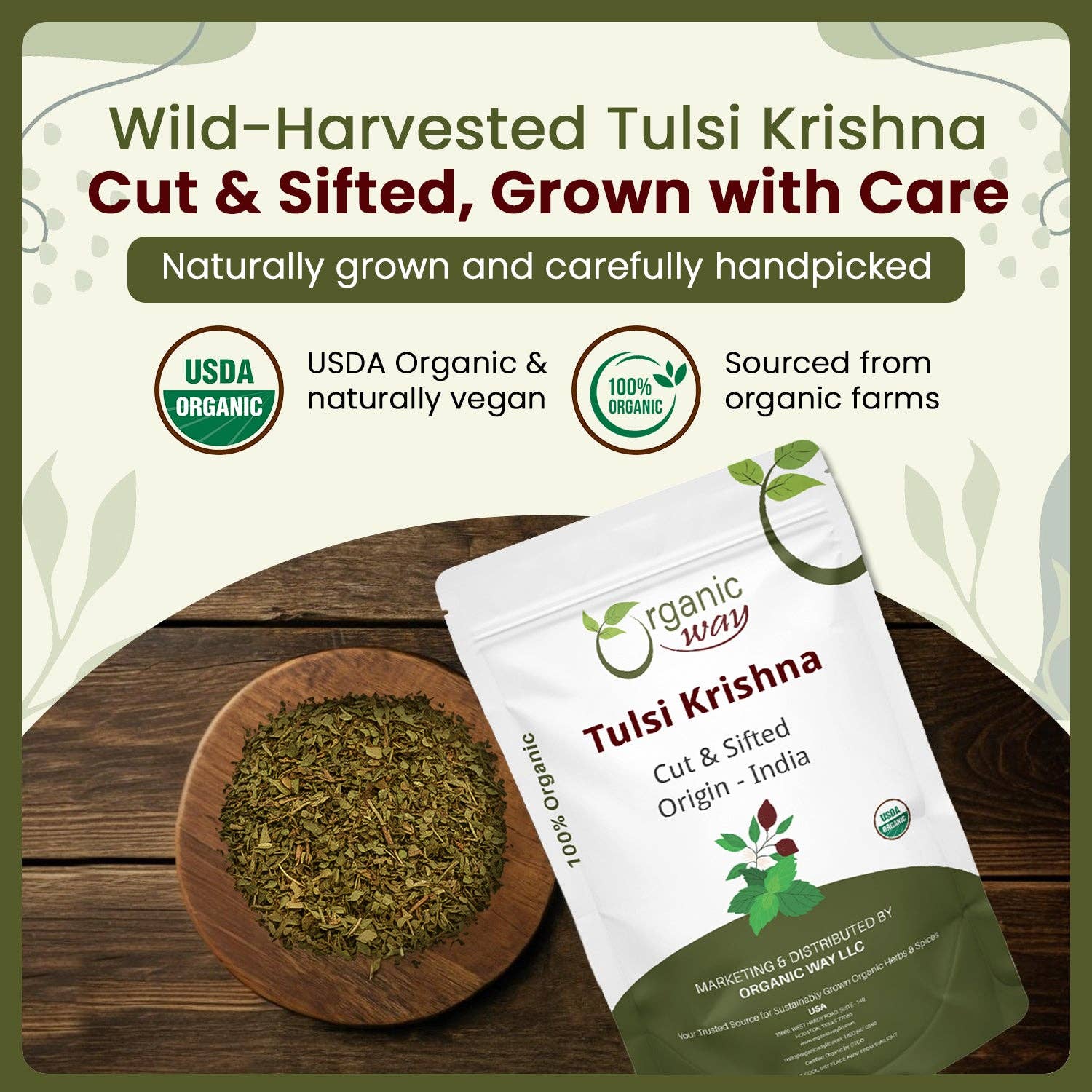 Organic Way LLC – wholesale Örter – Tulsi/Helig Basilika (Krishna) Skuren & Siktad (Ocimum Tenuiflorum) - Rena Blad Örtte | Kosher Certifierad | Rå, Vegansk, Icke-GMO & Glutenfri | USDA Certifierad | Ursprung - Indien1