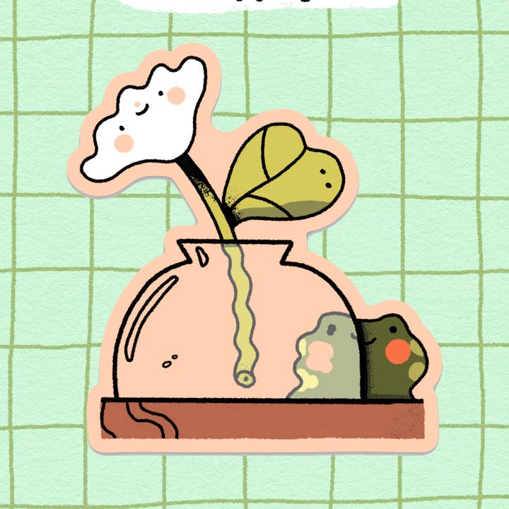 Schattige vinylsticker met verlegen kikker en bloem, waterdicht voor wholesale door Bloemkolie