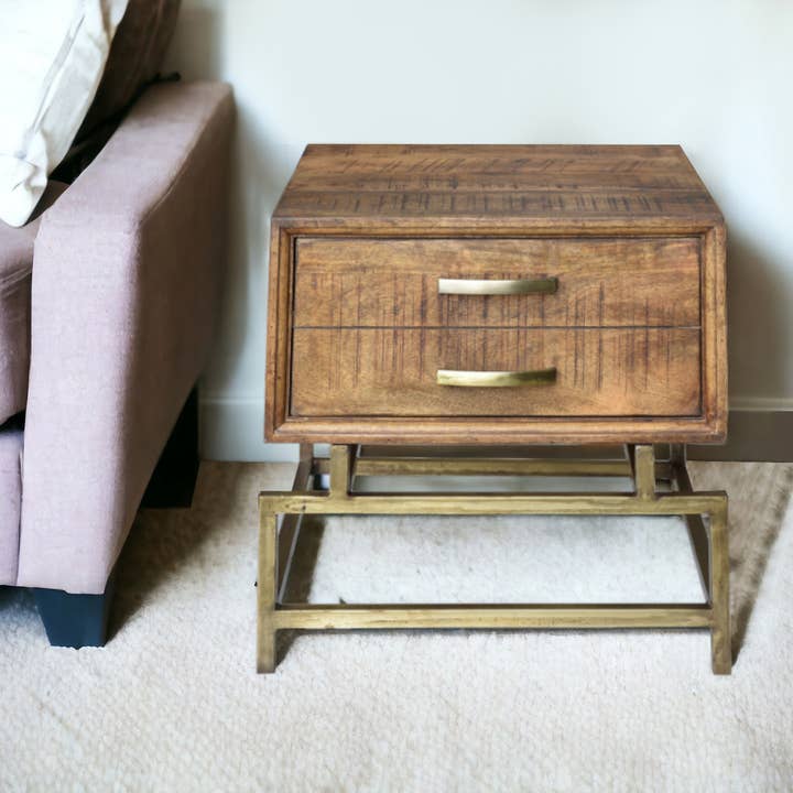 HomeRoots - Wholesale Side Table - 21" Brass And Brown Solid Wood And Iron Square End Table2