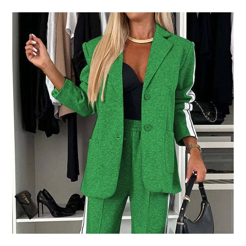 FurDecoration - Vendita all'ingrosso Completo - Donna - Completo casual con blazer a maniche lunghe e pantaloni a blocchi di colore2