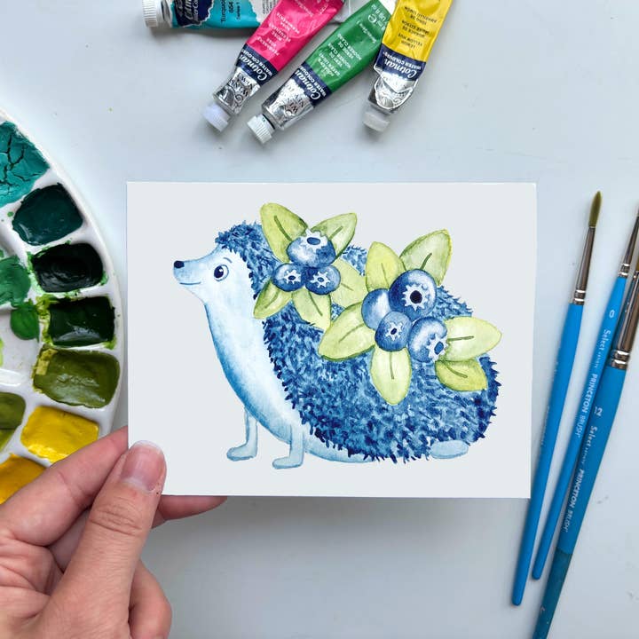 Blueberry Hedgehog Greeting Card – Whimsical Forest Fruit for wholesale by Owlfeathers Watercolor
