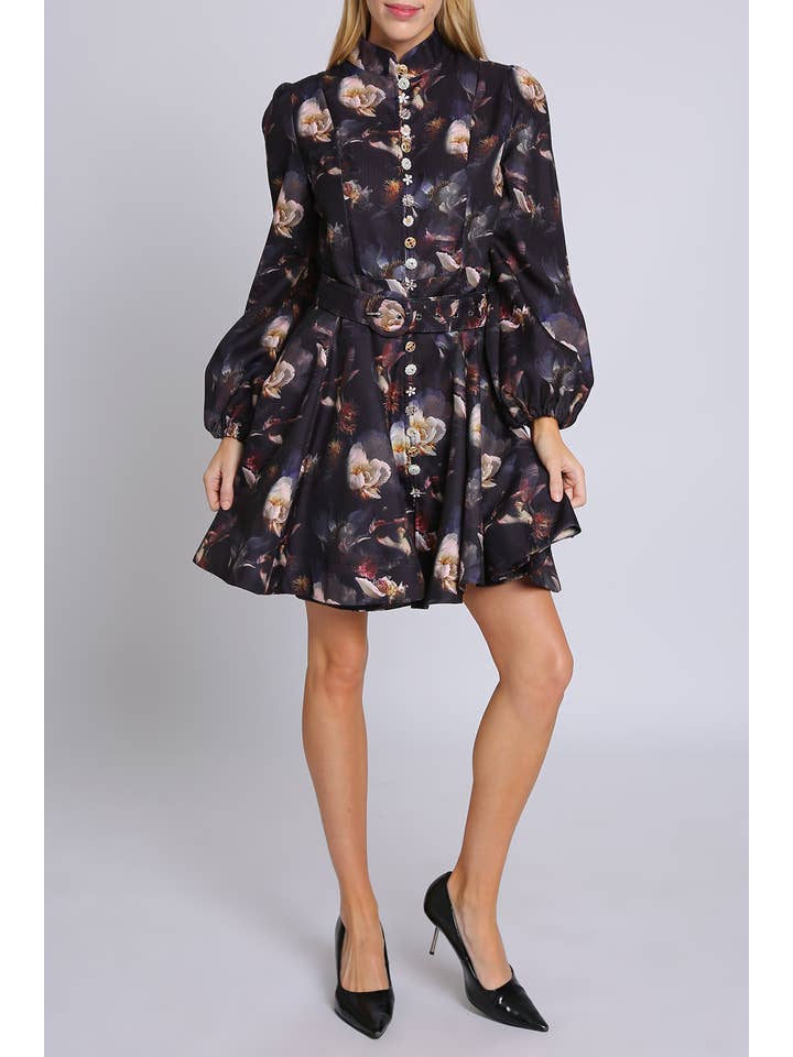 Black Floral Print Embellished Front Belted Mini Dress PC3542 for wholesale on Faire