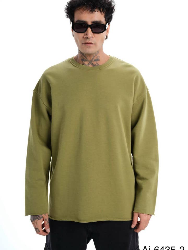 Herrar Khaki Råkant Överdimensionerad Långärmad Sweatshirt 6435 för wholesale av Monocloth