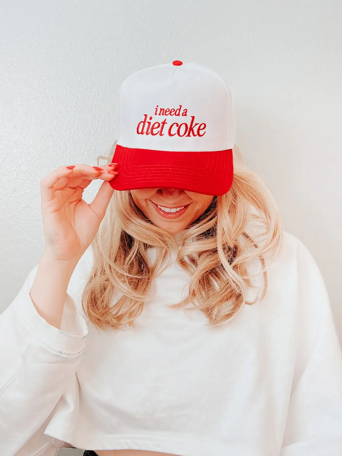 Maddon and Co - Wholesale Trucker Hat - Women's - I Need a Diet Coke Embroidered Trucker Hat - Red and White1