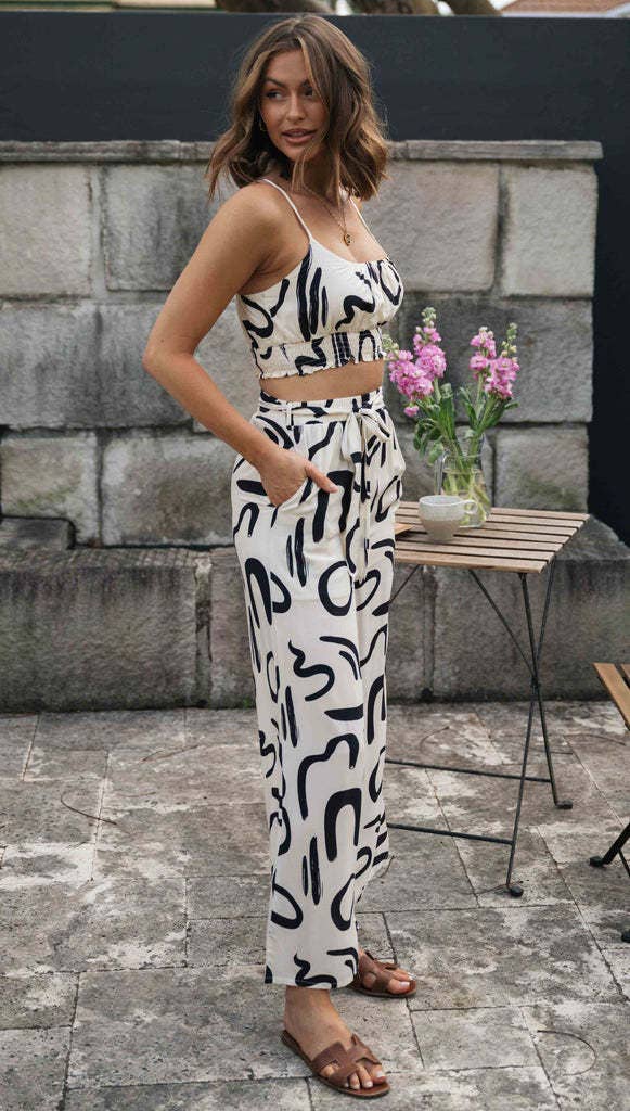 White Printed Sleeveless Strap Short Top Long Wide Leg Pants Set for wholesale on Faire3