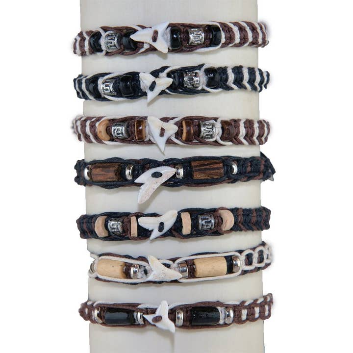 World End Imports Jewelry & Gifts - Wholesale Beaded Bracelet - BR Macrame/Wood/Shark Tooth-12