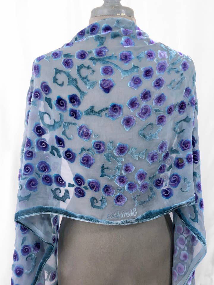 Purple Rosettes on Pale Gray Blue for wholesale by Sherit Levin Textiles