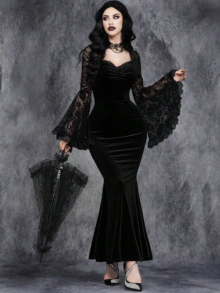 Black Halloween Gothic Lace-Paneled V-Neck Bell Sleeve Dress for wholesale on Faire1