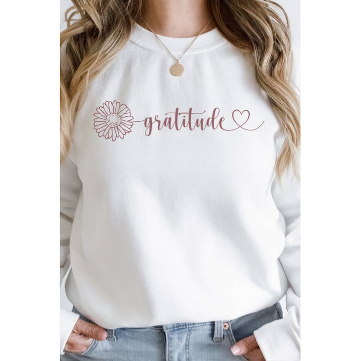 Select Apparel - Venta al por mayor Sudadera estampada - Mujer - Sudadera con estampado de caída de margaritas y corazones de Gratitude