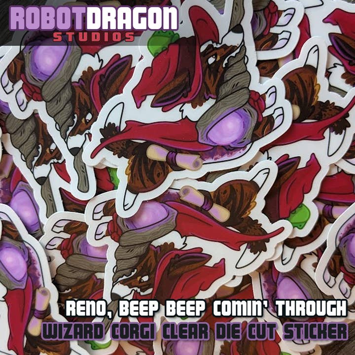 Reno Wizard Corgi Sticker for wholesale by Robot Dragon Studios