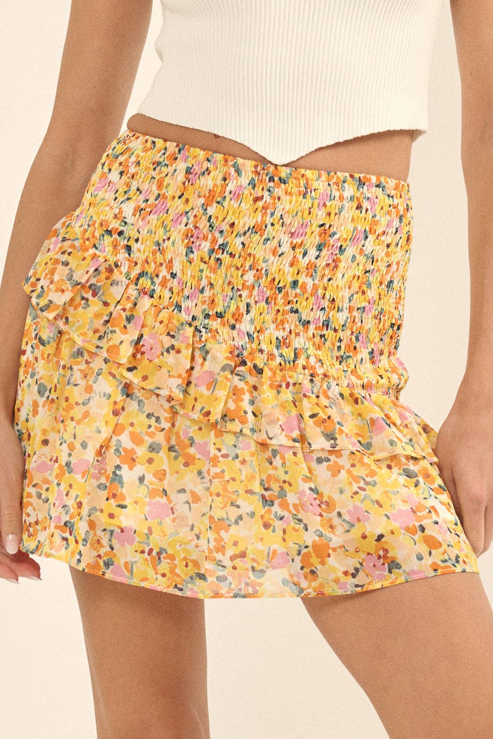 LEMONADE Asymmetrical Ruffled Floral Chiffon Mini Skirt for wholesale on Faire2