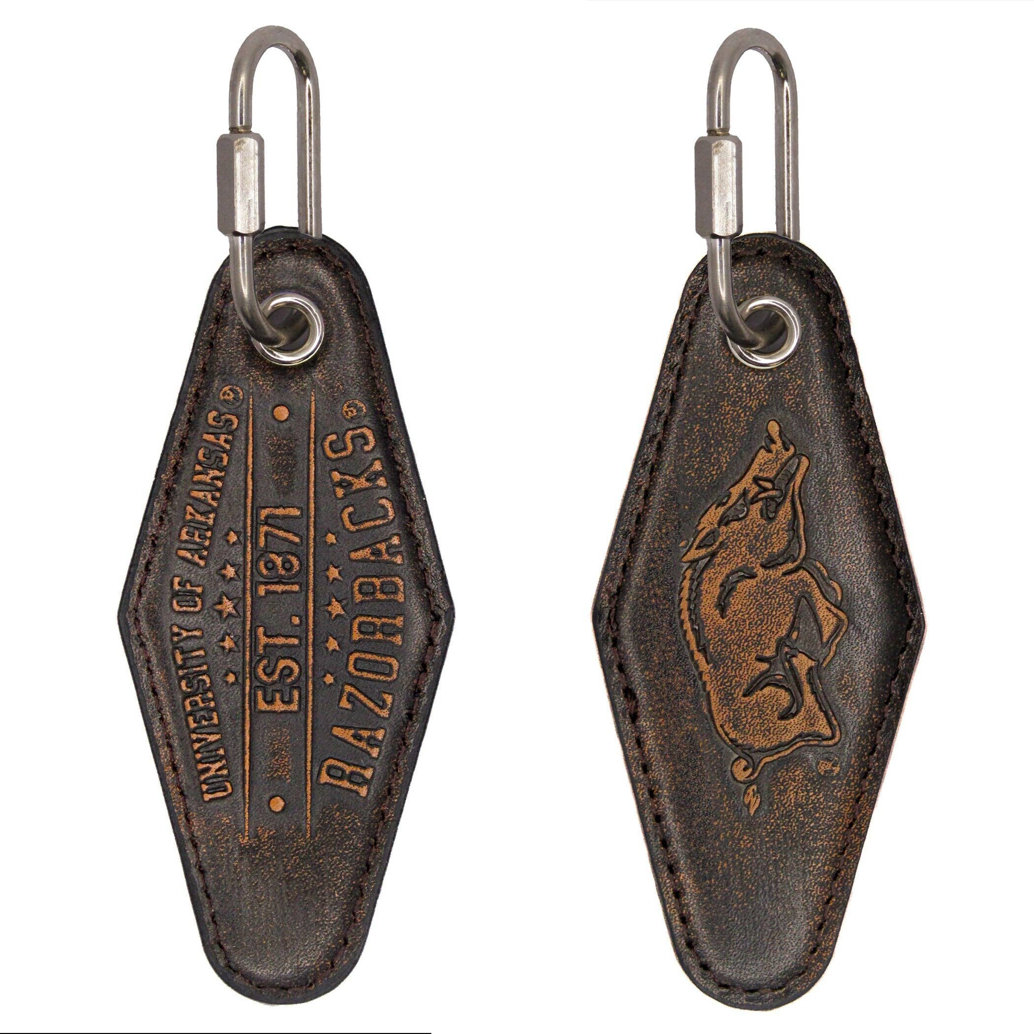 Zep-Pro - Wholesale Keychain - Unisex - Arkansas Razorbacks Collegiate Vintage Full Grain Leather Key Fob. Brown Burnished and Tan Embossed Key Ring.0