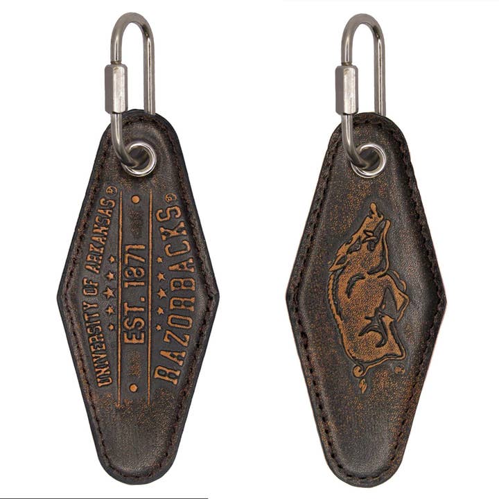 Zep-Pro - Wholesale Keychain - Unisex - Arkansas Razorbacks Collegiate Vintage Full Grain Leather Key Fob. Brown Burnished and Tan Embossed Key Ring.