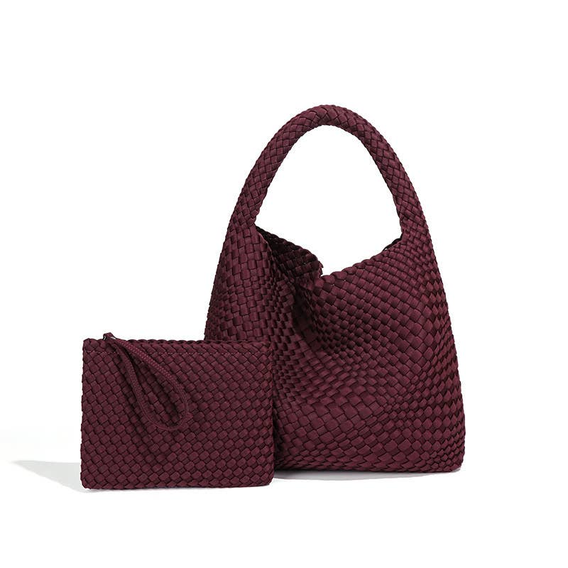 Sook Stainable – Großhandel Schultertasche – Damen – Mittelgroße Umhängetasche aus handgewebtem Neopren-Stoff und veganem Leder3