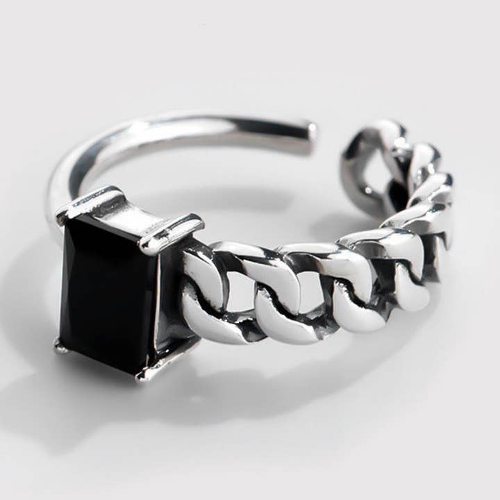 Black Stone Half Chain Ring in 925 Sterling Silver, Onyx for wholesale by Perimade & Co. LLC
