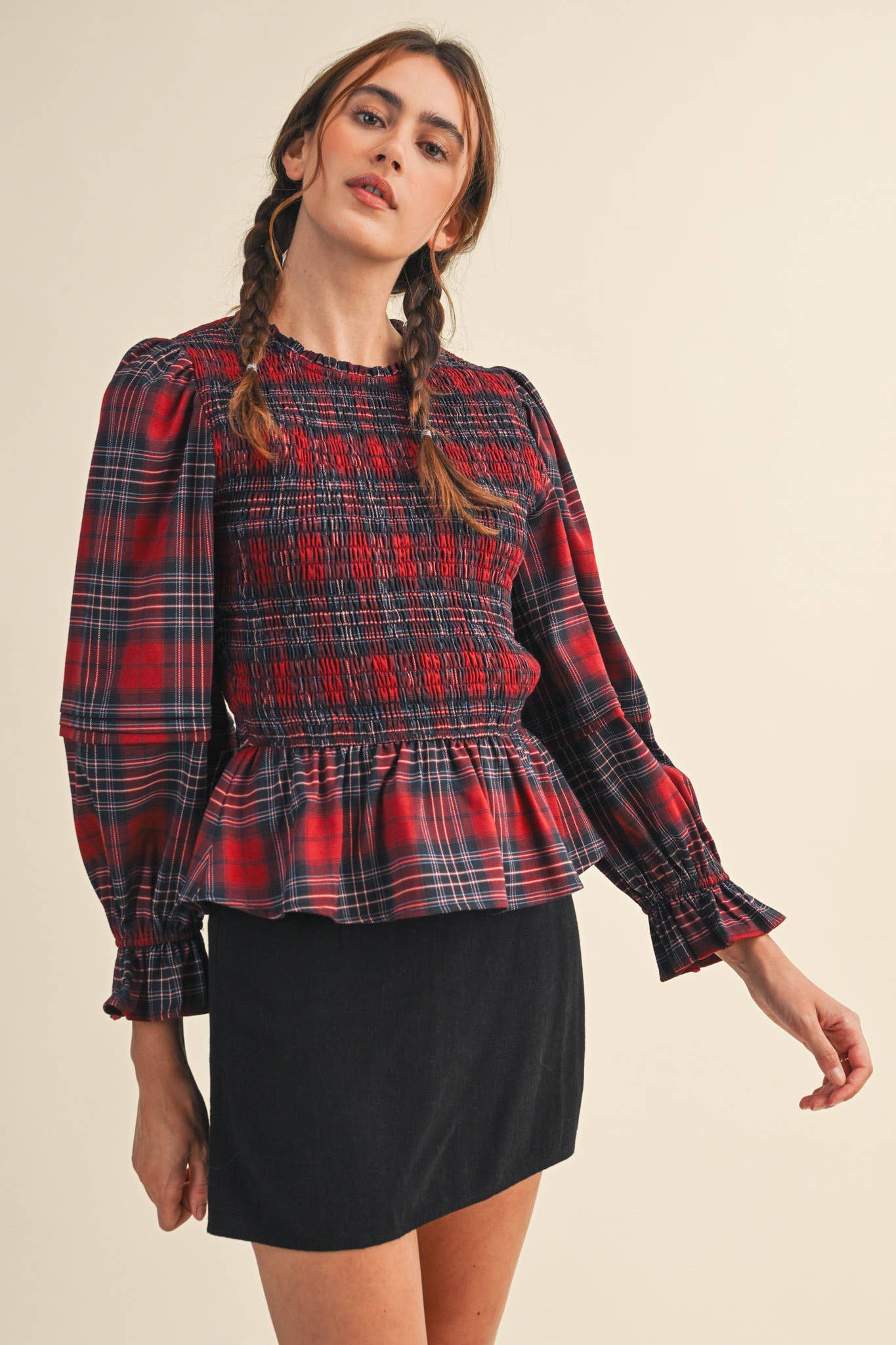 SMOCKED PLAID PUFF SLEEVE PEPLUM TOP MTP4192 for wholesale on Faire9