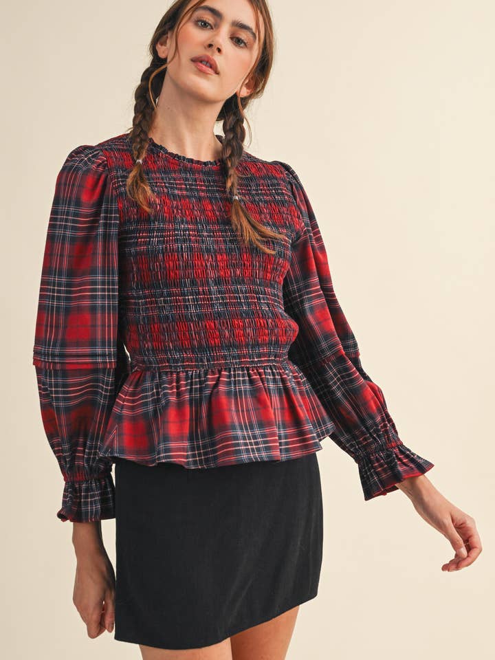 SMOCKED PLAID PUFF SLEEVE PEPLUM TOP MTP4192 for wholesale on Faire9