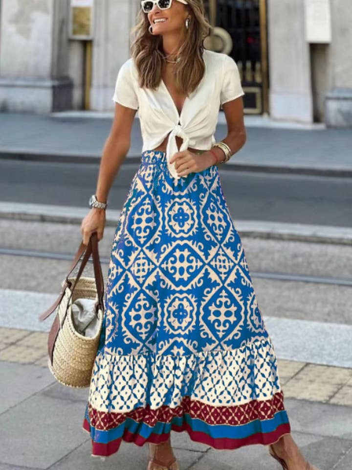 NINEXIS - Wholesale Skirt - Women's - CWBLS0561_SUMMER NEW PRINTED LOOSE STITCHING BIG SWING SKIRT3