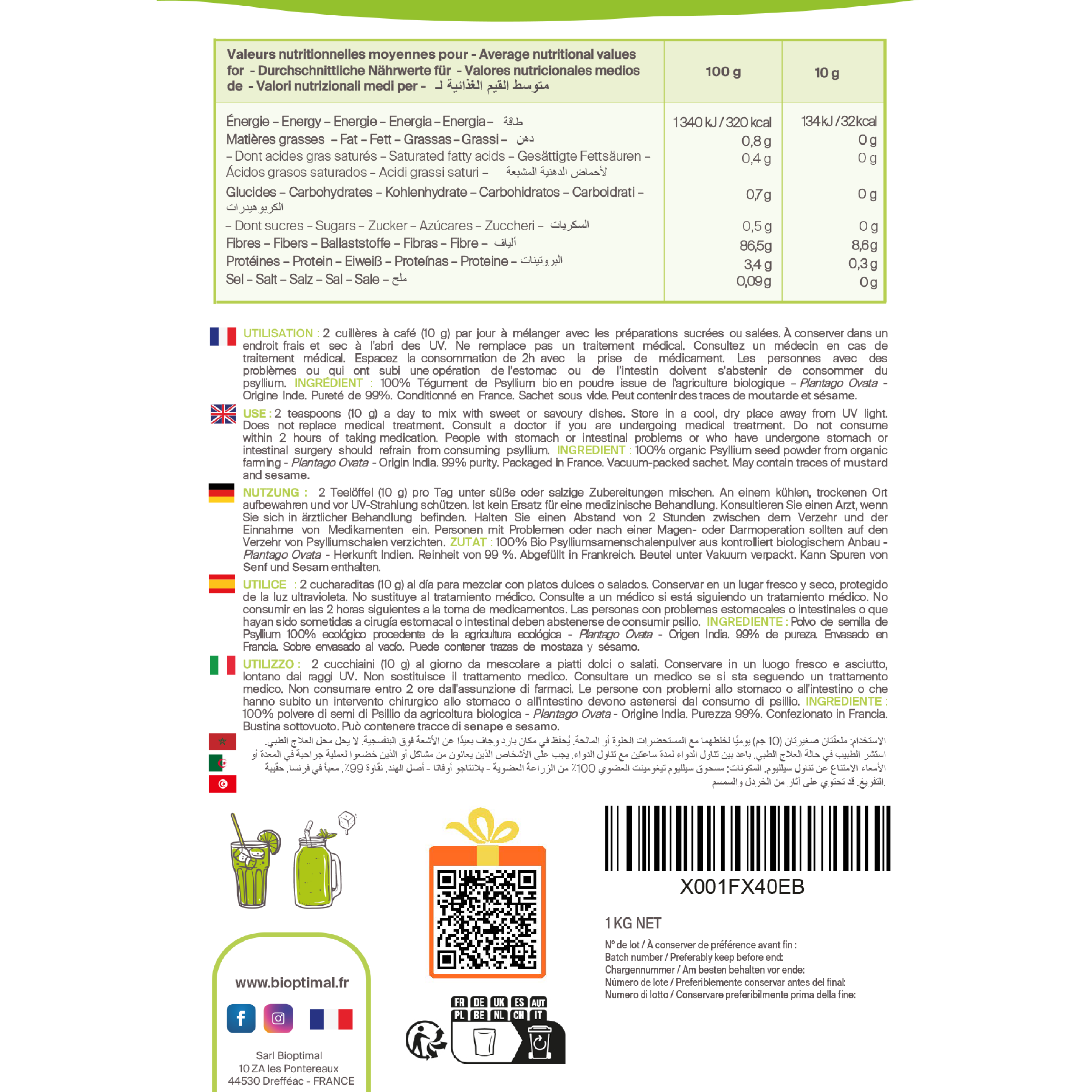 Bioptimal - Vente Poudres protéinées/superaliments - Psyllium blond bio en poudre -Conditionné en France12
