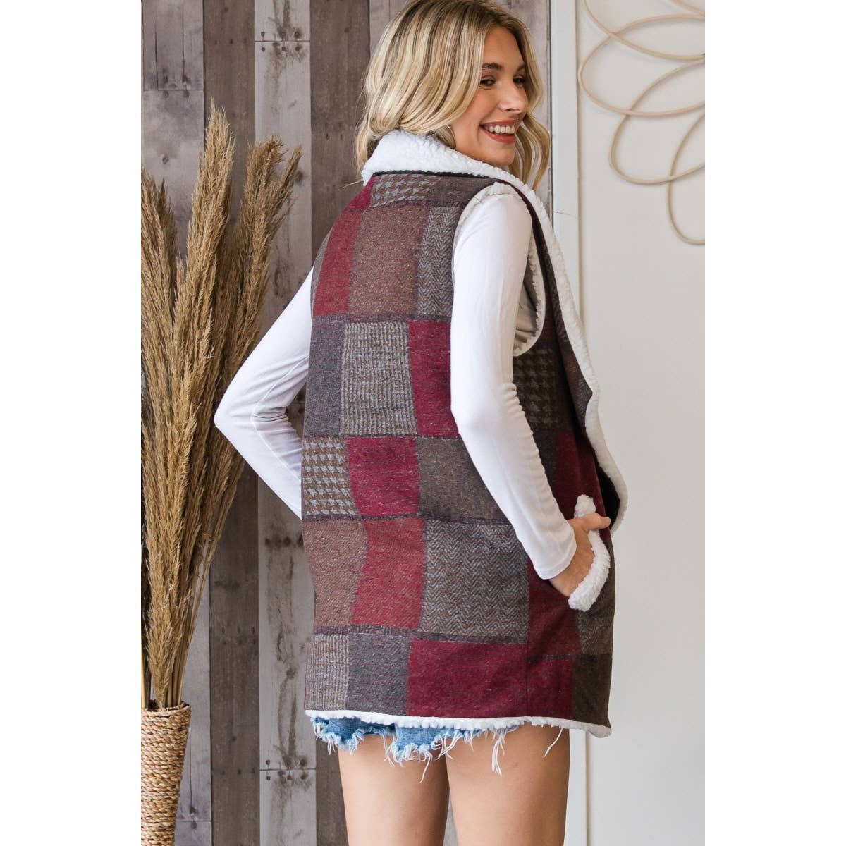 Burgundy Sherpa Lined Aztec Vest for wholesale on Faire5