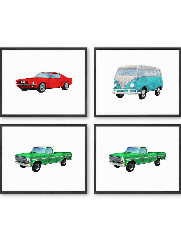 Nursery Cars Art Print - Set of 4 for wholesale by Haus and Hues
