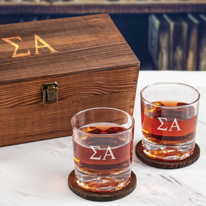 MB Brands Inc – wholesale Cocktail-/likörglas – Sigma Alpha anpassade graverade personliga whiskyglas i trä presentförpackning