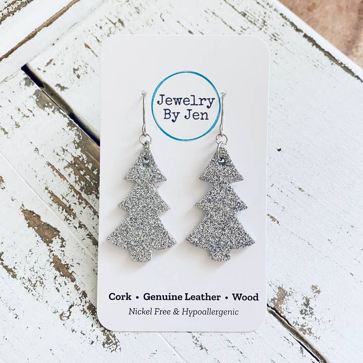 Christmas Tree Earrings: Silver Fine Glitter for wholesale by Jewelry By Jen