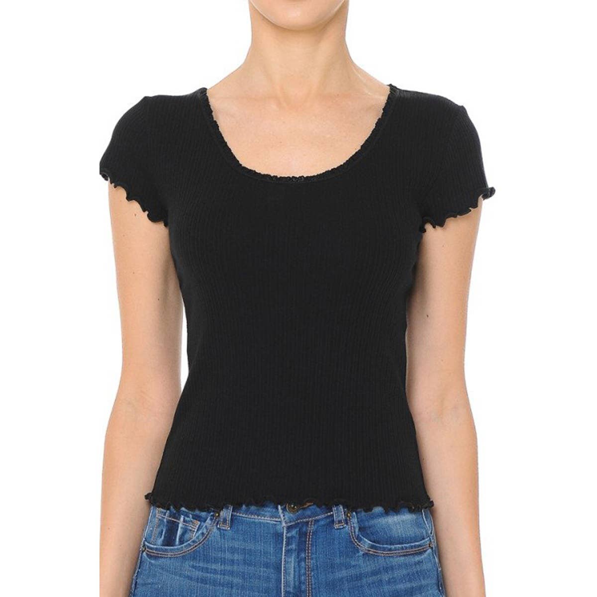 Timeless - Wholesale Knit Top - Women's - LETTUCE LACE TRIMMED SCOOP NECK SHORT SLEEVE TOP3