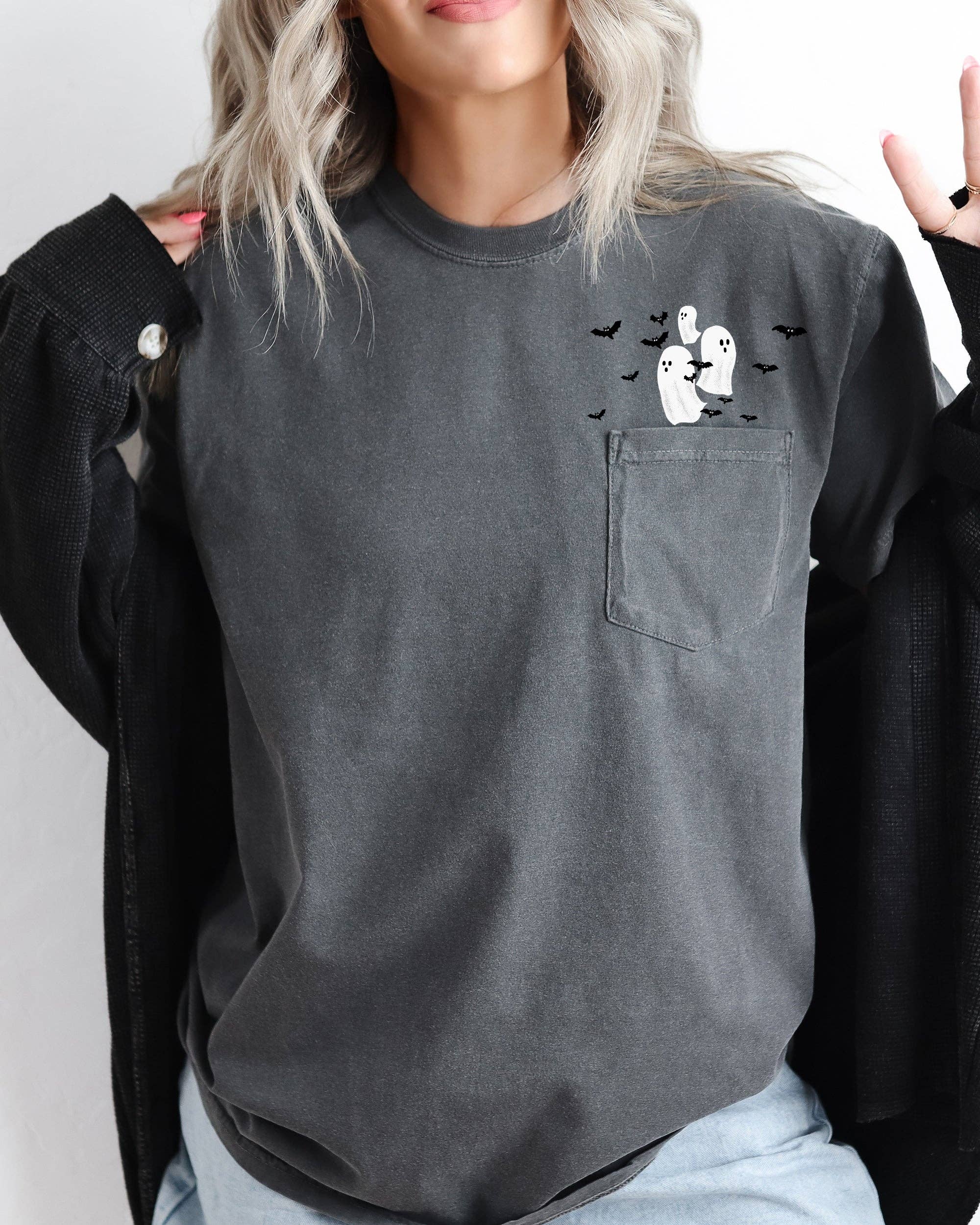 Refinery Number One LLC - Wholesale Screen Printed T-Shirt - Women's - Flying Ghosts and Bats, Halloween Pocket Tee1