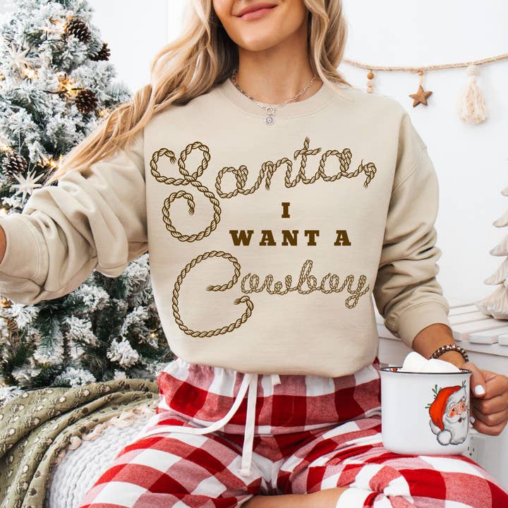 Country Western Christmas Santa I Want a Cowboy Rope Sweater for wholesale by Southern Rheas