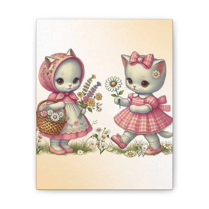 Babushka Cat - Wholesale Art Print - Vintage Cats and Daisies, Kitschy Cat Canvas Wall Art