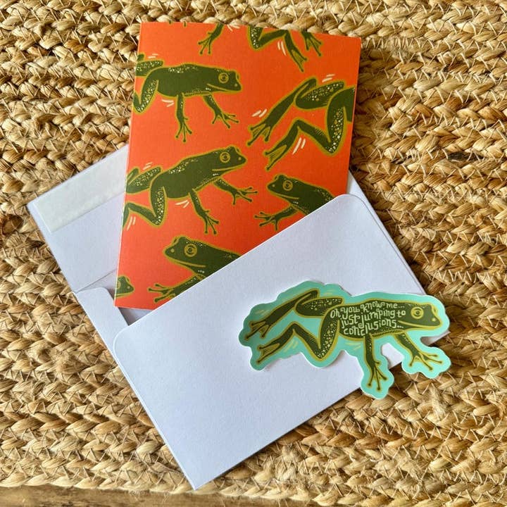 Carte de vœux vierge Fred la Grenouille avec autocollant en vinyle inclus pour la vente par Uncle Dunc's Sticker Shoppe