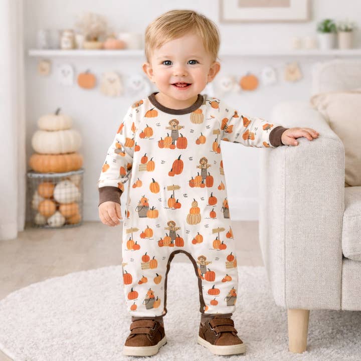 Græskar Patch Baby Romper – Bambus Efterårsheldragt for engroshandel hos Tesa Babe