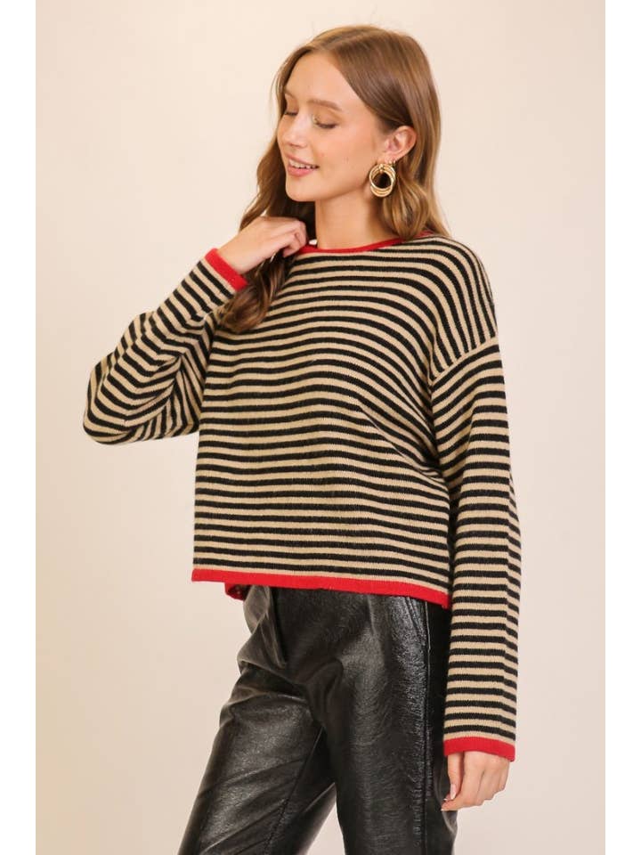 Vanilla Monkey - Wholesale Knit Sweater - Women's - Striped Contrast Trim Sweater3