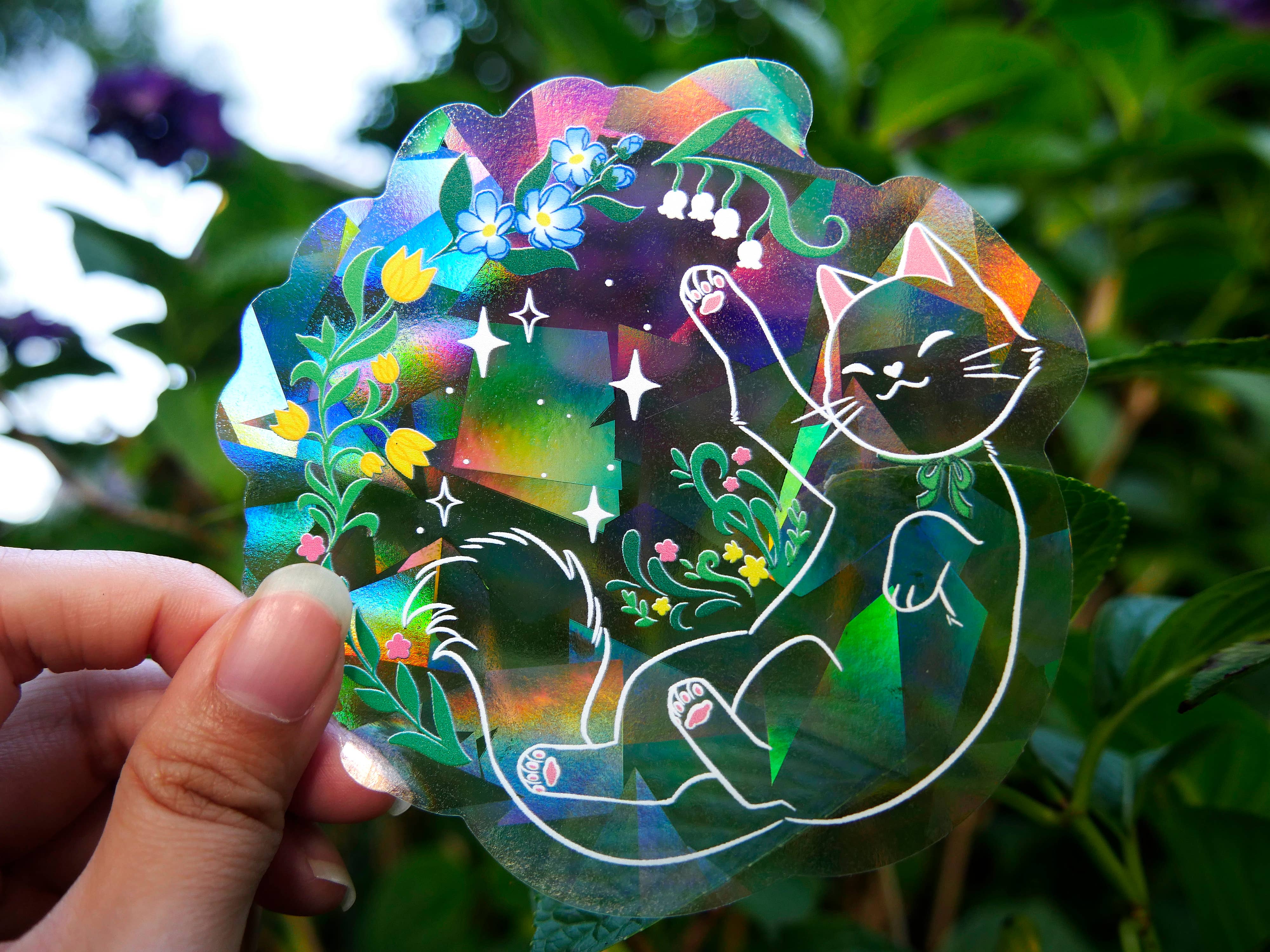 Meg-chan Doodles – wholesale Suncatcher – Rainbow Suncatcher | Blooming Kitten | Holographic Sticker4