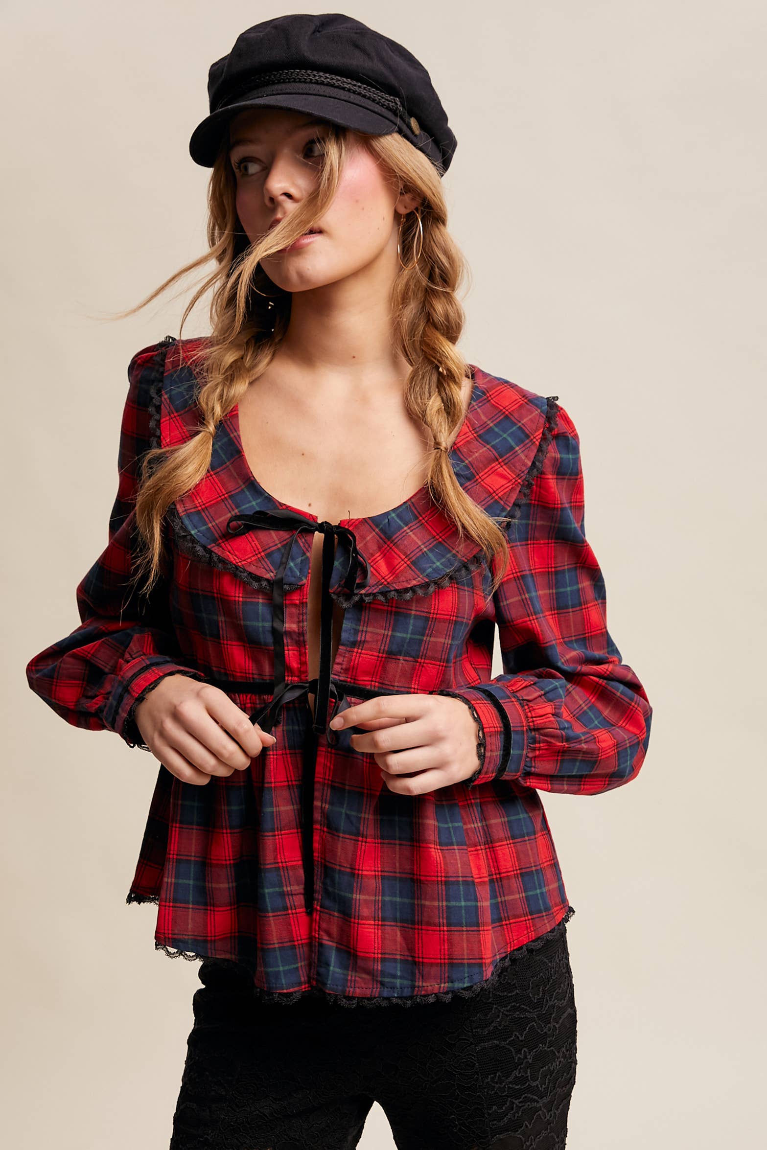 Listicle - Wholesale Blouse - Women's - Plaid Velvet Trim Holiday Blouse LT14460