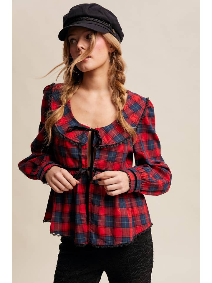 Listicle - Wholesale Blouse - Women's - Plaid Velvet Trim Holiday Blouse LT1446